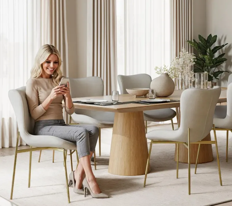 Skandinavisch, stilvoll, gemütlich – entdecke Esszimmermöbel von tectake Moderner Essbereich mit Holz-Esstisch, hell gepolsterten Stühlen und Sideboard – stilvolle Wohnideen von tectake